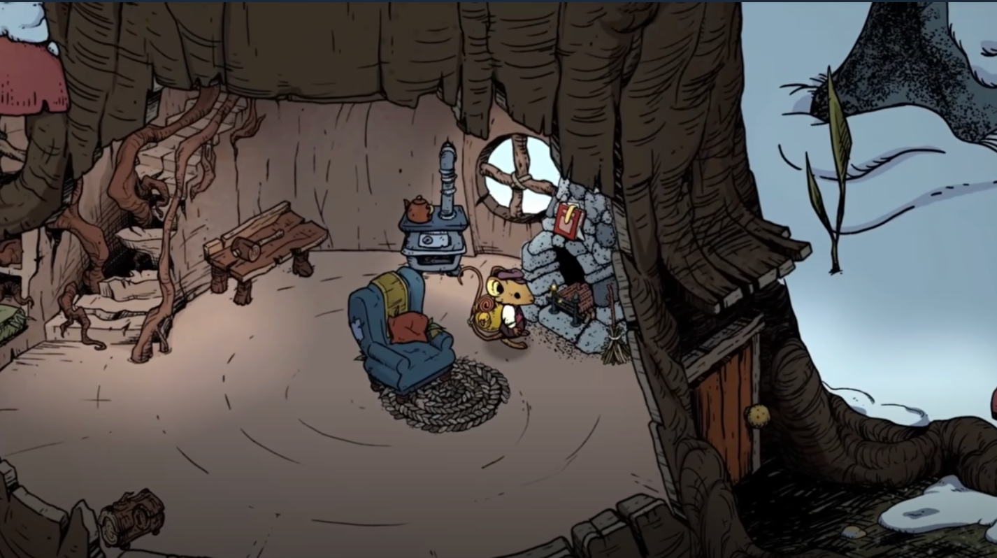 Cozy Winter Burrow interior showing mouse character in a warm underground home with fireplace, furniture, and snowy entrance
